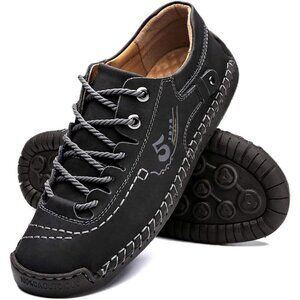 Alcubieree Men Black Leather Casual Fashion Loafer Driving Rubber Sole Sneakers